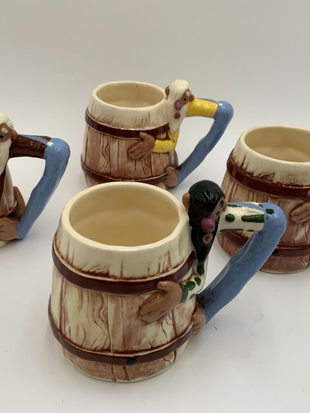 4 HILLBILLY Hugging Barrel Mugs Twin Winton Pasadena California Pottery 12oz